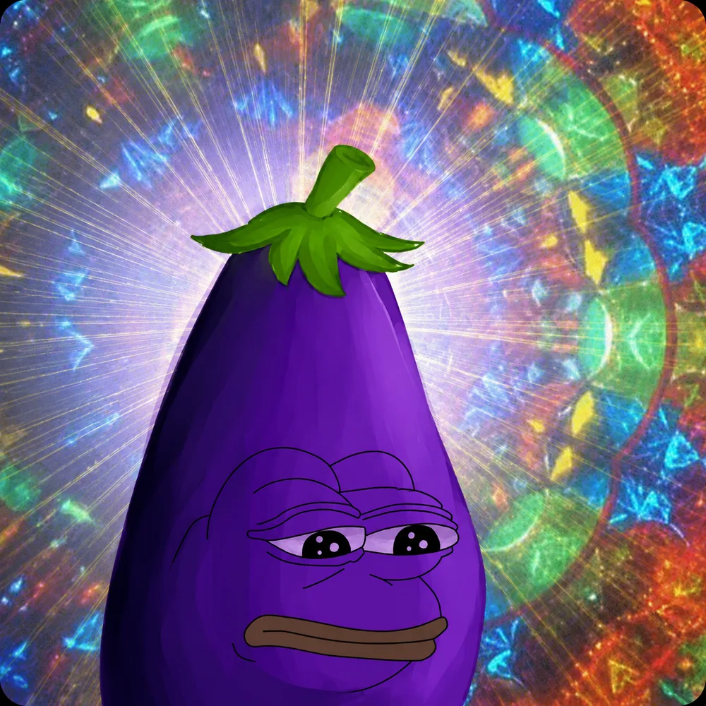 Eggplant Pepe surrounded by a colourful burst of light