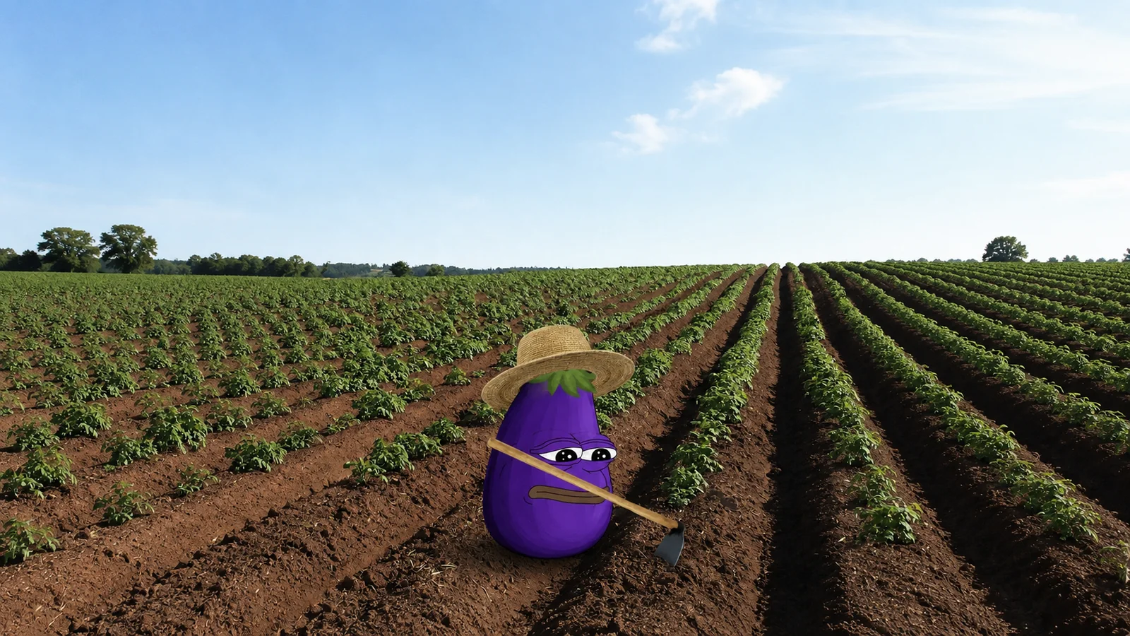 The eggplant wearing a straw hat, holding a hoe, standing in a ploughed field