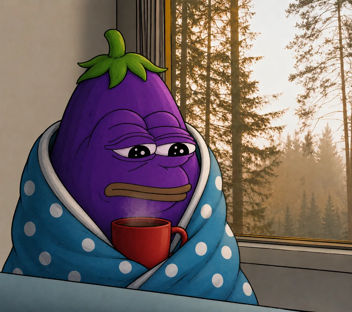 A purple eggplant with a frog's face, wrapped in a polka-dot blanket, holding a mug of coffee by a window at sunrise