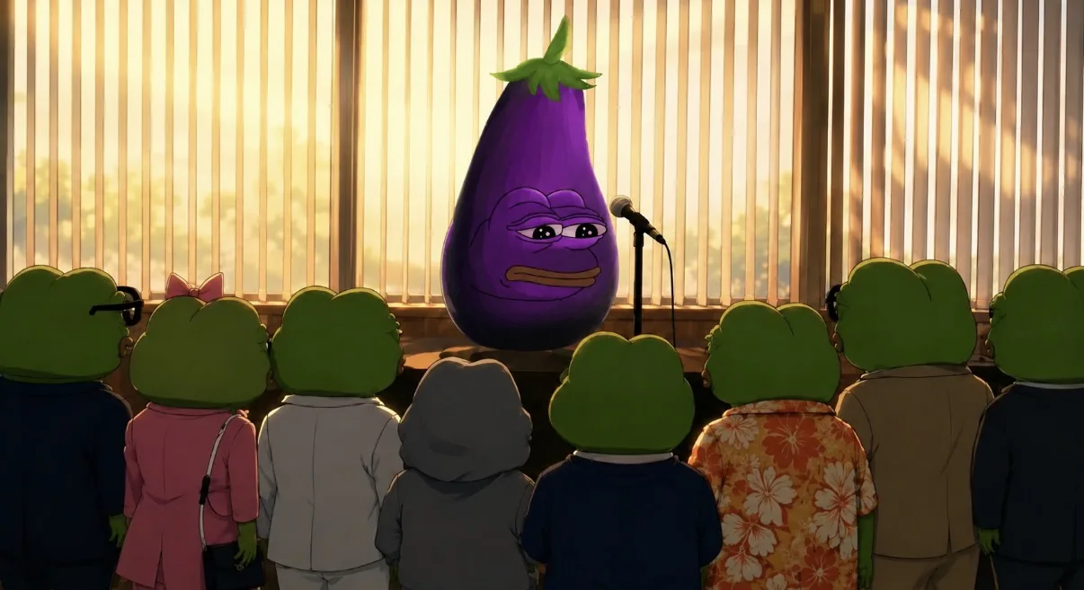 The eggplant standing at a microphone in golden light, addressing a room full of frogs