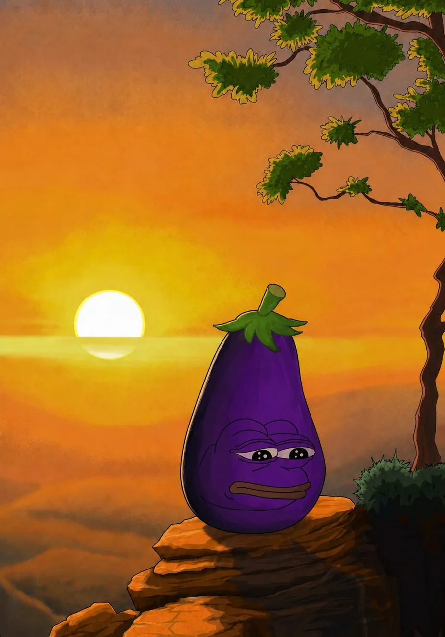 Eggplant Pepe sitting quietly on a cliff at sunset